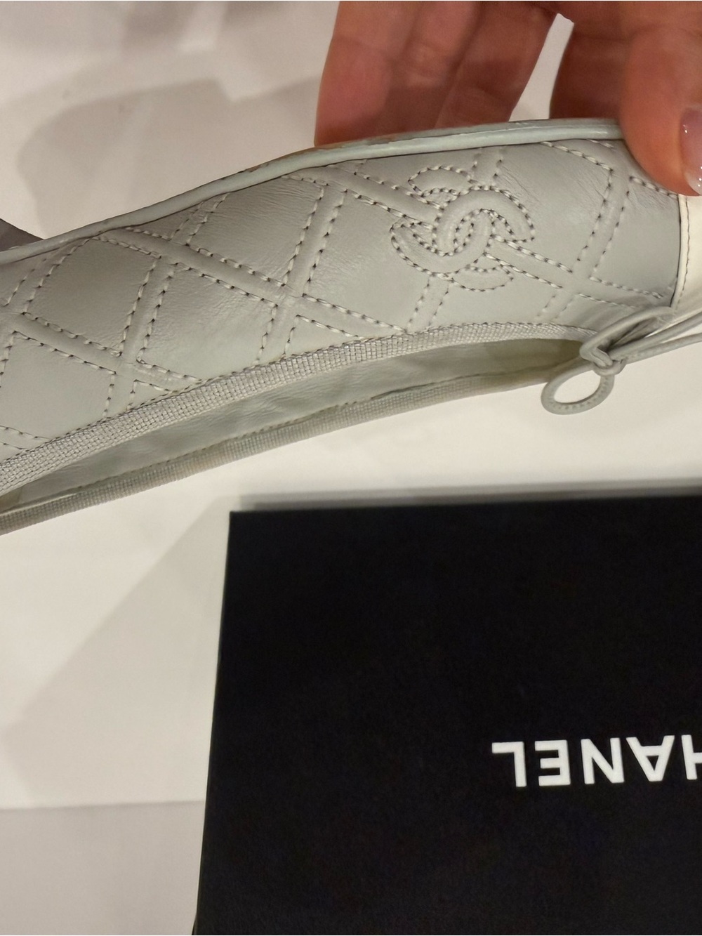 100% AUTHENTIC CHANEL Blue Gray Quilted Leather Ballet Flats with White Cap Toe - Picture 9 of 12